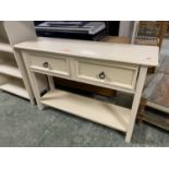 Cream painted console table of 2 drawers and undershelf 114 cm L x 77H x 33W and a cream painted