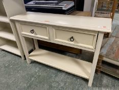 Cream painted console table of 2 drawers and undershelf 114 cm L x 77H x 33W and a cream painted