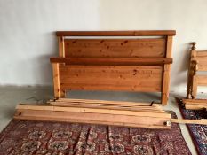 Waxed pine double bed with roll top head and foot boards 152cm wide approx/ 5 ft