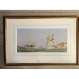 F. Torrome watercolour - A country scene at harvest time with haycart and windmill