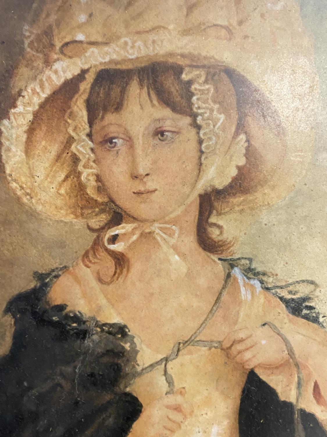 C19th watercolour Young girl in a bonnet 41 x 33 in gilt frame (Provenance: local country house - Image 2 of 4