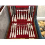 Oak cased set of Elkington & Co Ltd 12 place settings MOP handled engraved fruit knives and forks (