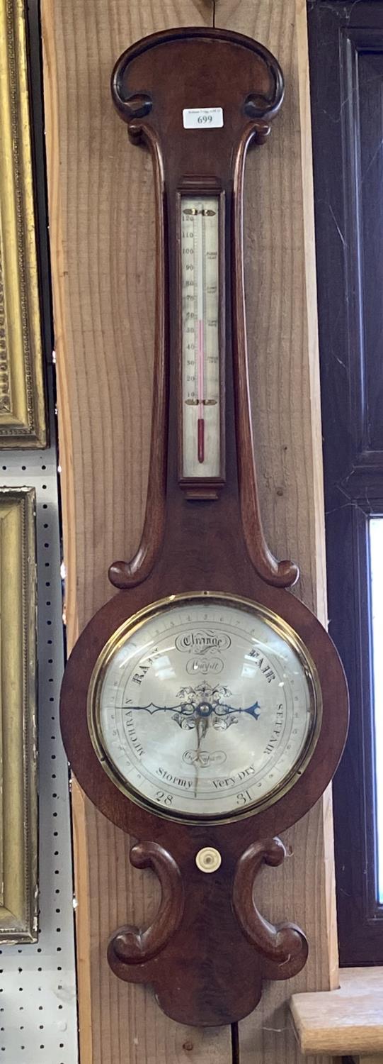 Victorian mahogany banjo barometer with silvered dials