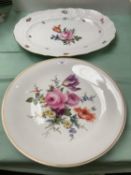 Meissen circular platter 35 cm dia decorated with flowers. Blue marks to underside and a Herend oval