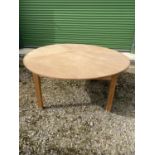 Large modern circular plywood table on freestanding pine square base 182 dia Condition sound some