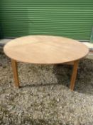 Large modern circular plywood table on freestanding pine square base 182 dia Condition sound some