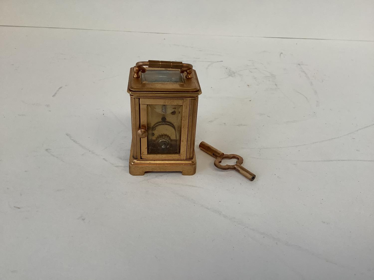 Miniature brass carriage clock with enamel dial 6 cmH - Image 5 of 5