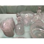 Set of 13 cut glass hors oeuvres crescent shaped plate, 3 heavy cut glass bowls, 3 decanters -