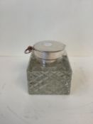 Hallmarked silver topped heavy glass square inkwell London 1903 and stamped 950 JG &S Vickery. "To