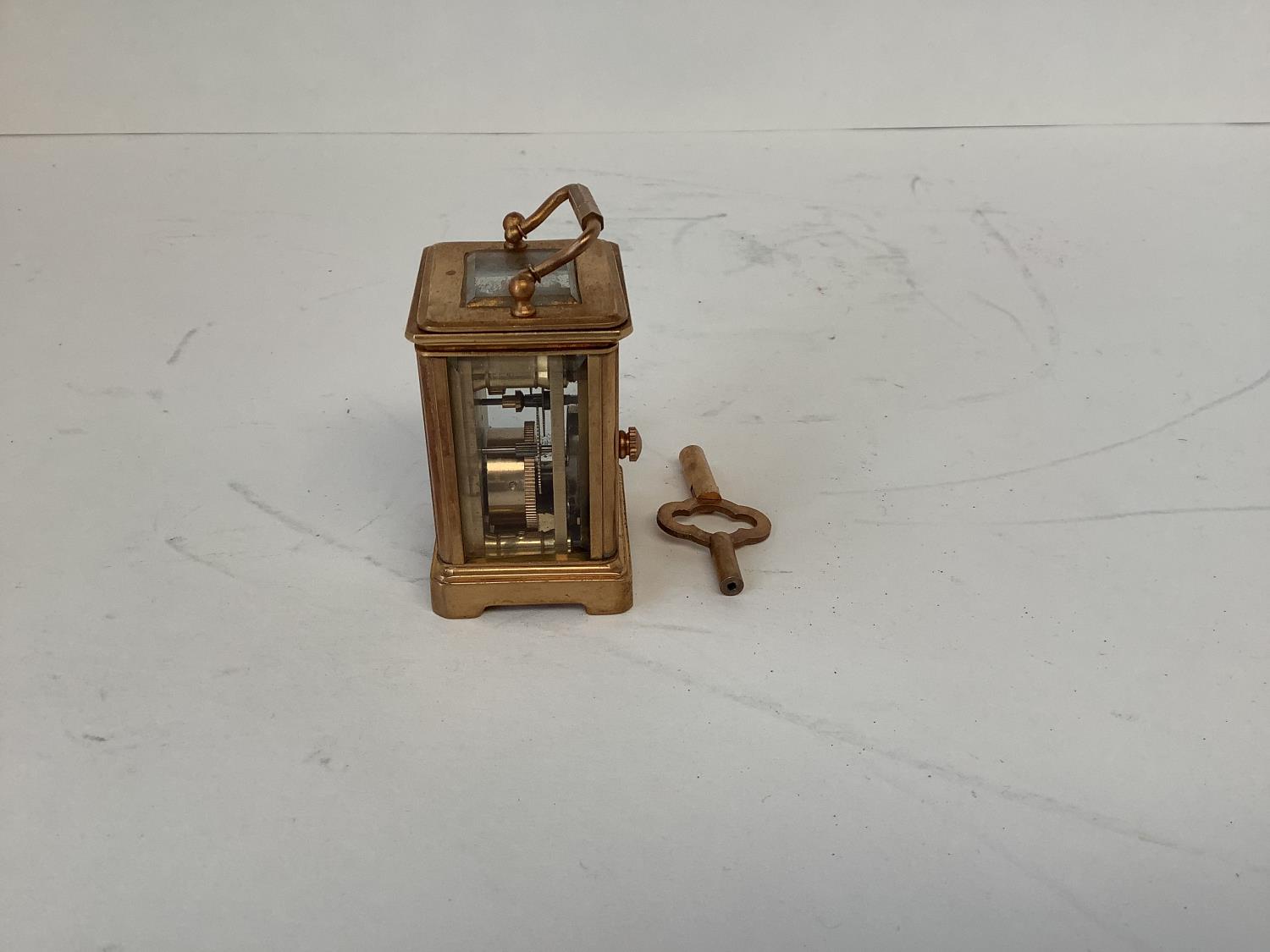 Miniature brass carriage clock with enamel dial 6 cmH - Image 3 of 5