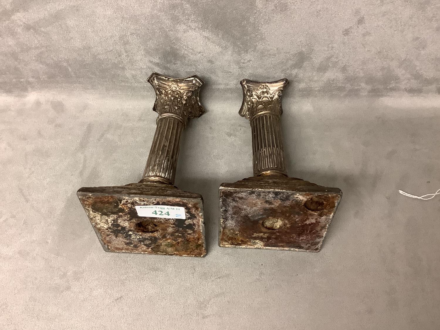 Two similar hallmarked silver weighted column candlesticks 15 cm H Condition tarnished and damage, - Image 3 of 3