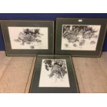 After Charles Schwartz Set of 3 black and white prints "partridges, ducks & racoons" each signed