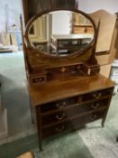 Edwardian inlaid mahogany dressing table of 2 short and 1 long drawer below a swing mirror, on