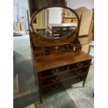 Edwardian inlaid mahogany dressing table of 2 short and 1 long drawer below a swing mirror, on