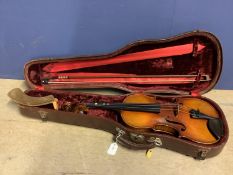 Mirecourt Violin circa.1940. (one crack to front otherwise good condition), with bow in brown