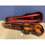 Mirecourt Violin circa.1940. (one crack to front otherwise good condition), with bow in brown