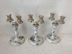 Set of 3 Herend candlesticks c.w. 3 double scones (sconces damaged) 16 cm H