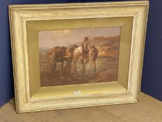 Oil on Board coastal scene with kelp gatherers and horses and cart 47 x 60.5