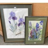 Watercolour "Delphiniums and foxgloves" indistinctly signed Diamond? Lower right 43 x27 framed and