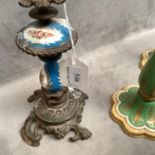 Pair French porcelain and ormolu candlesticks 22 cm H and a pair of ceramic candlesticks (repaired