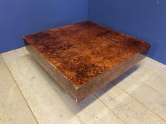 Contemporary burr walnut effect square low coffee table 90 cm square x 36 cm H. Condition. Scratches