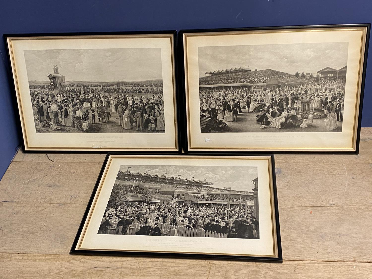 Modern limited edition set of 3 black and white prints "Melbourne cup day 1887" 38 x 60 framed and