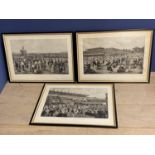 Modern limited edition set of 3 black and white prints "Melbourne cup day 1887" 38 x 60 framed and
