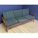 1960s polished teak 3 seater open square back settee, the seat straps stamped FAGAS Denmark with 6