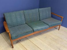1960s polished teak 3 seater open square back settee, the seat straps stamped FAGAS Denmark with 6