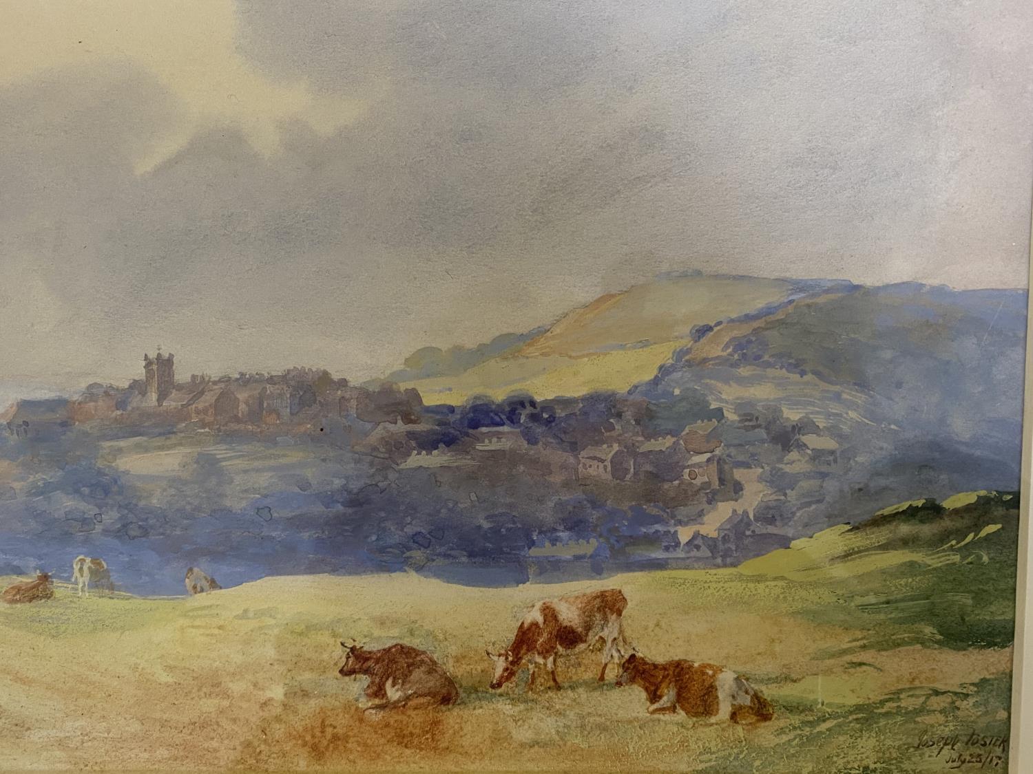 JOSEPH TOSTER watercolour "Rural landscape with cattle before a village" signed lower right, dated - Image 2 of 3