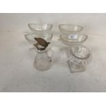 Set of 4 Georgian cut glass oval pedestal salts and a circular one, and a hallmarked silver lidded