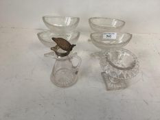 Set of 4 Georgian cut glass oval pedestal salts and a circular one, and a hallmarked silver lidded