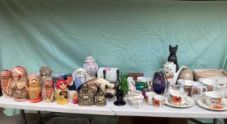 A quantity of various china and modern Russian Doll sets, glass Meakin, cribbage boards, etc