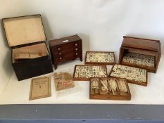 C19th mahogany miniature chest of drawers (apprentices piece), an oak cased mah jong set, and a