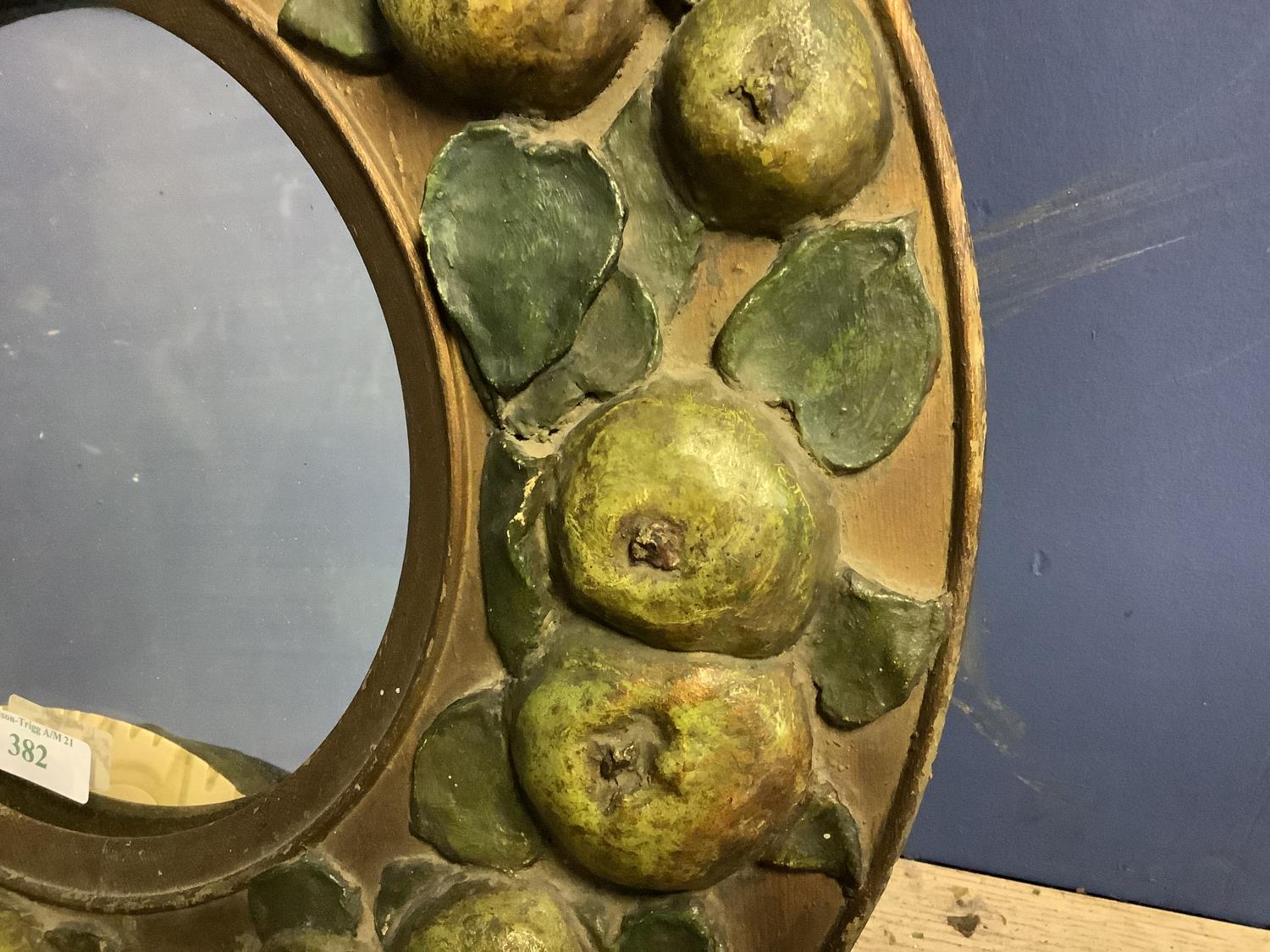 Early C20th Circular wall mirror, set within wooden frame, decorated with carved wood apples, 43cmd - Image 4 of 4