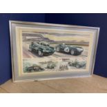 John Evans, watercolours 3 framed as one, "Motor Racing", each signed, 25 x 70cm and 14 x 34 cm x 2;