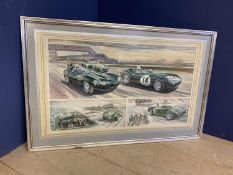 John Evans, watercolours 3 framed as one, "Motor Racing", each signed, 25 x 70cm and 14 x 34 cm x 2;