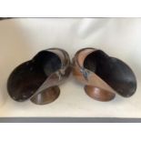 Two similar Victorian antique copper coal scuttles with iron handles, one stamped Griffiths and