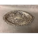 Embossed hallmarked silver elliptical repousse pintray Nathan & Hayes Birmingham 1704 18.5 cm