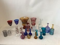 Qty of glassware including Bohemian ruby glass stemmed vases, 2 octagonal blue bottle signed Boda