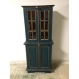 Small teal blue painted part glazed cabinet 61cm L x 146 H Condition sound, some wear