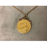 Full Sovereign Victoria (Old Head) 1892 mounted on 9 ct gold chain. Total 12.98 grams. Fair