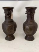 Pair Chinese bronze vases, possibly late Qing dynasty with relief ground and panels of mythical