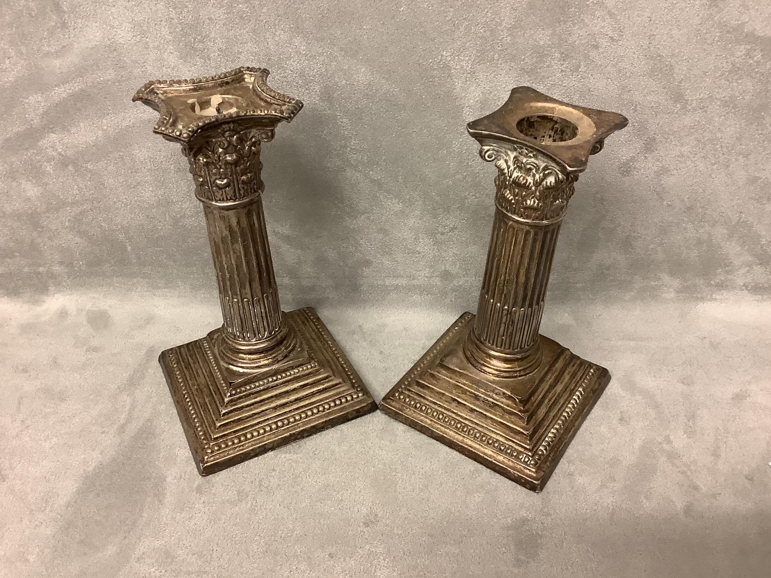 Two similar hallmarked silver weighted column candlesticks 15 cm H Condition tarnished and damage, - Image 2 of 3