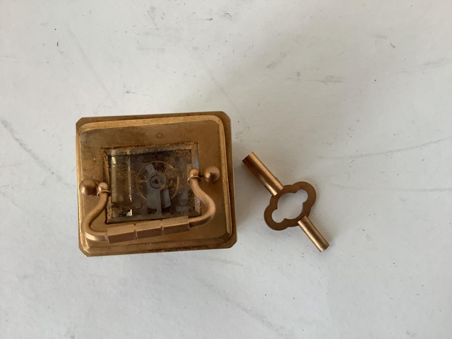 Miniature brass carriage clock with enamel dial 6 cmH - Image 2 of 5