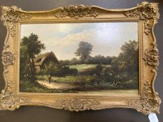 R PERCY oil on canvas, "The Country Lane", signed lower right, 30 x 50, in gilt frame (some wear
