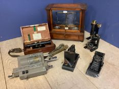 Quantity of instruments, microscope, scales and a etc, and original ODHNER mechanical calculator