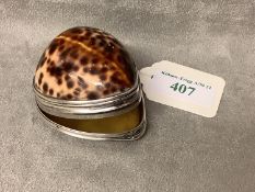 An early C19th cowrie shell snuff box with hinged silver lid