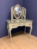 Grey painted serpentine front dressing table with plate glass top 91 cm with matching folding triple