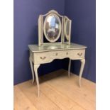Grey painted serpentine front dressing table with plate glass top 91 cm with matching folding triple